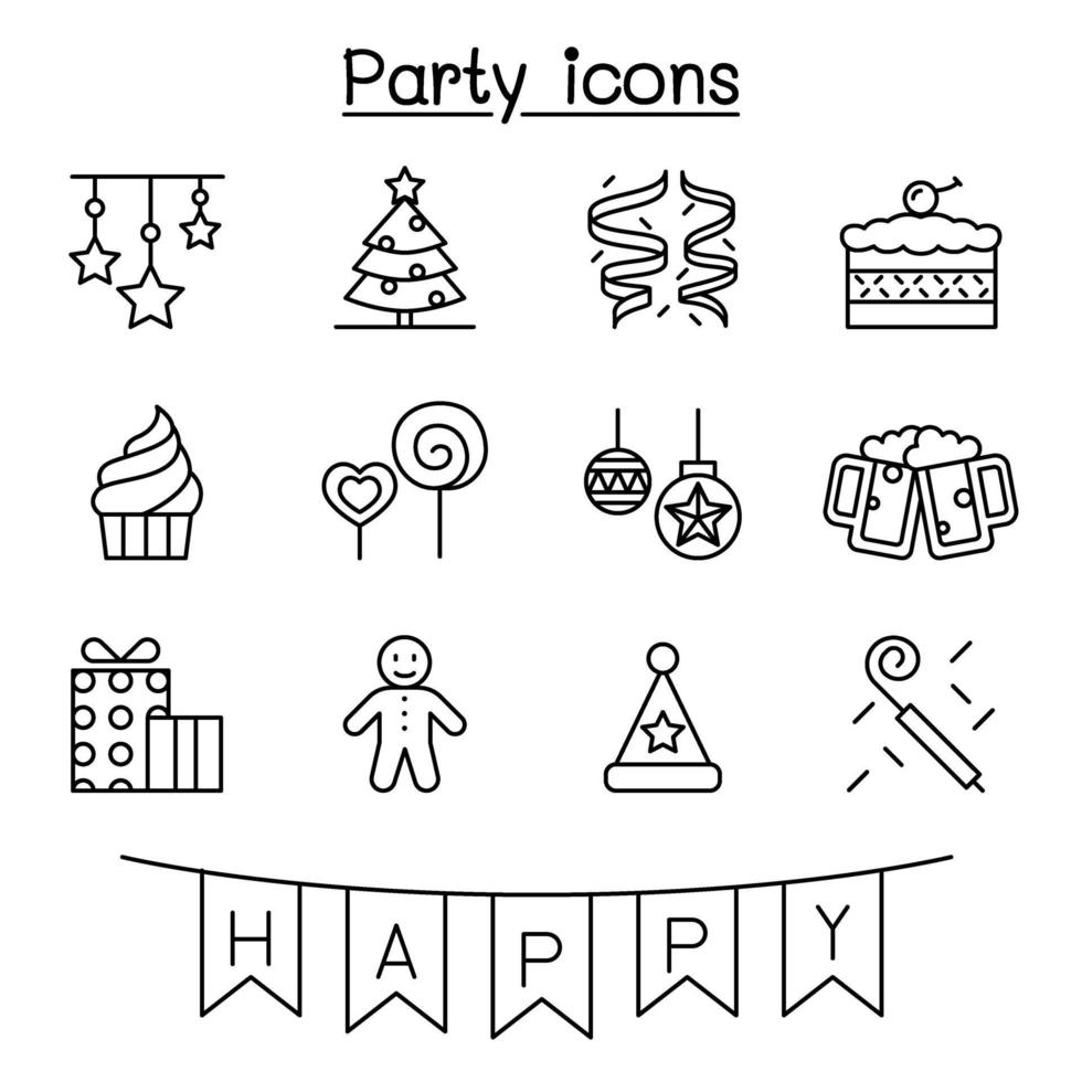 Party, celebration, new year, birthday icon set in thin line style vector