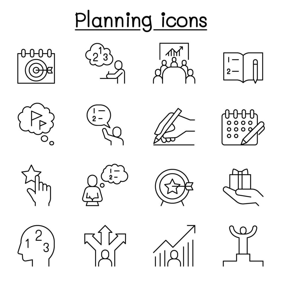 Planning, strategy, schedule icon set in thin line style vector