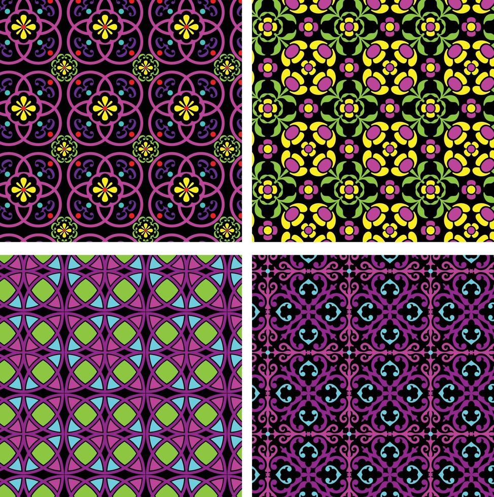 Neón mod rnate patrones de mosaico geométricos y florales sin fisuras sobre fondos negros vector