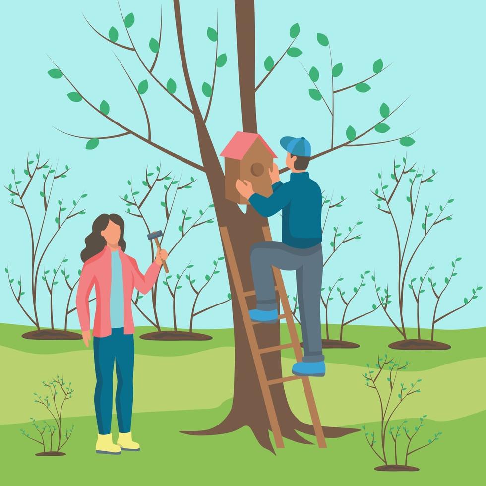 A young man and woman hanging a birdhouse on a tree vector