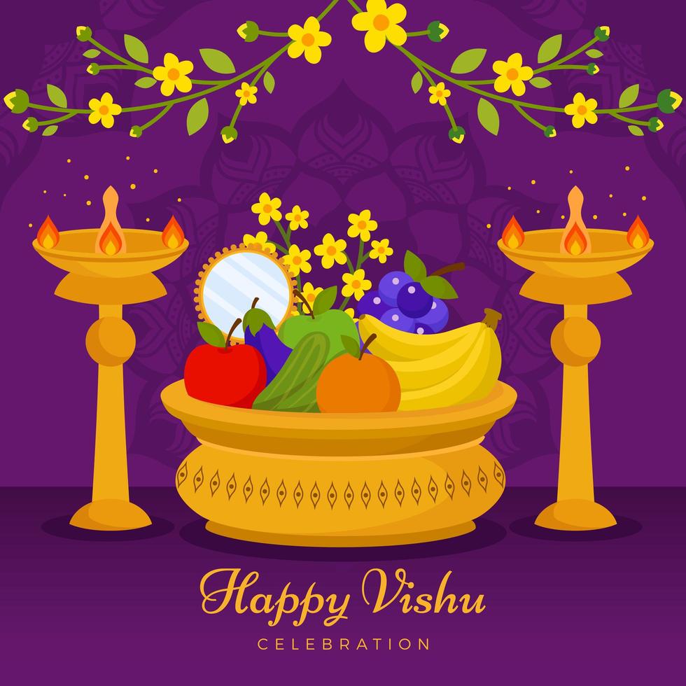 feliz celebración de vishu con frutas y velas vector