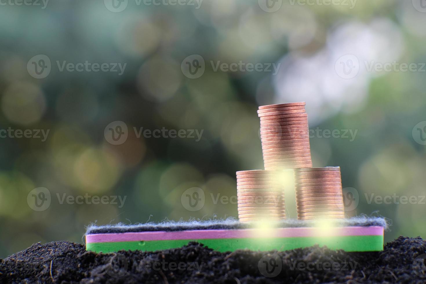 Stack of coins on table background photo