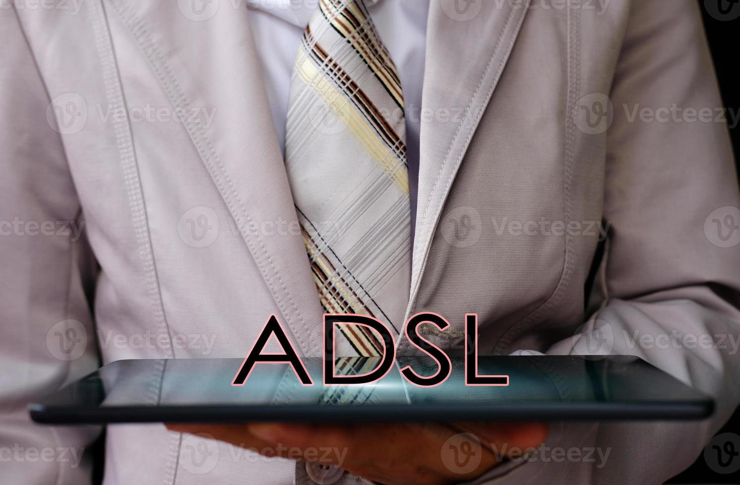 Businessman holding smartphone and technology network concepts photo