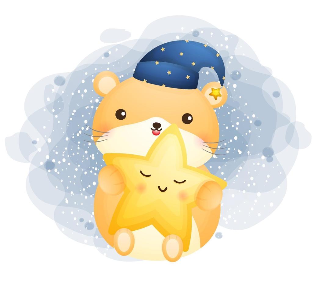 Cute doodle hamster floating and hugging little star cartoon character Premium Vector