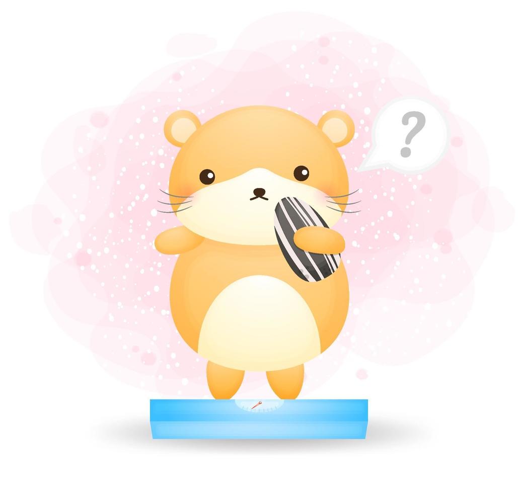 Cute doodle hamster sad on a scale cartoon character Premium Vector