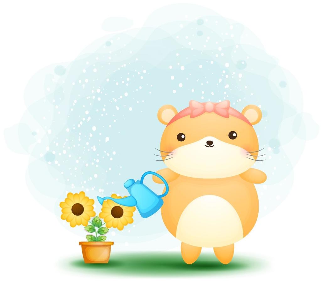 Cute doodle hamster watering the plant Premium Vector