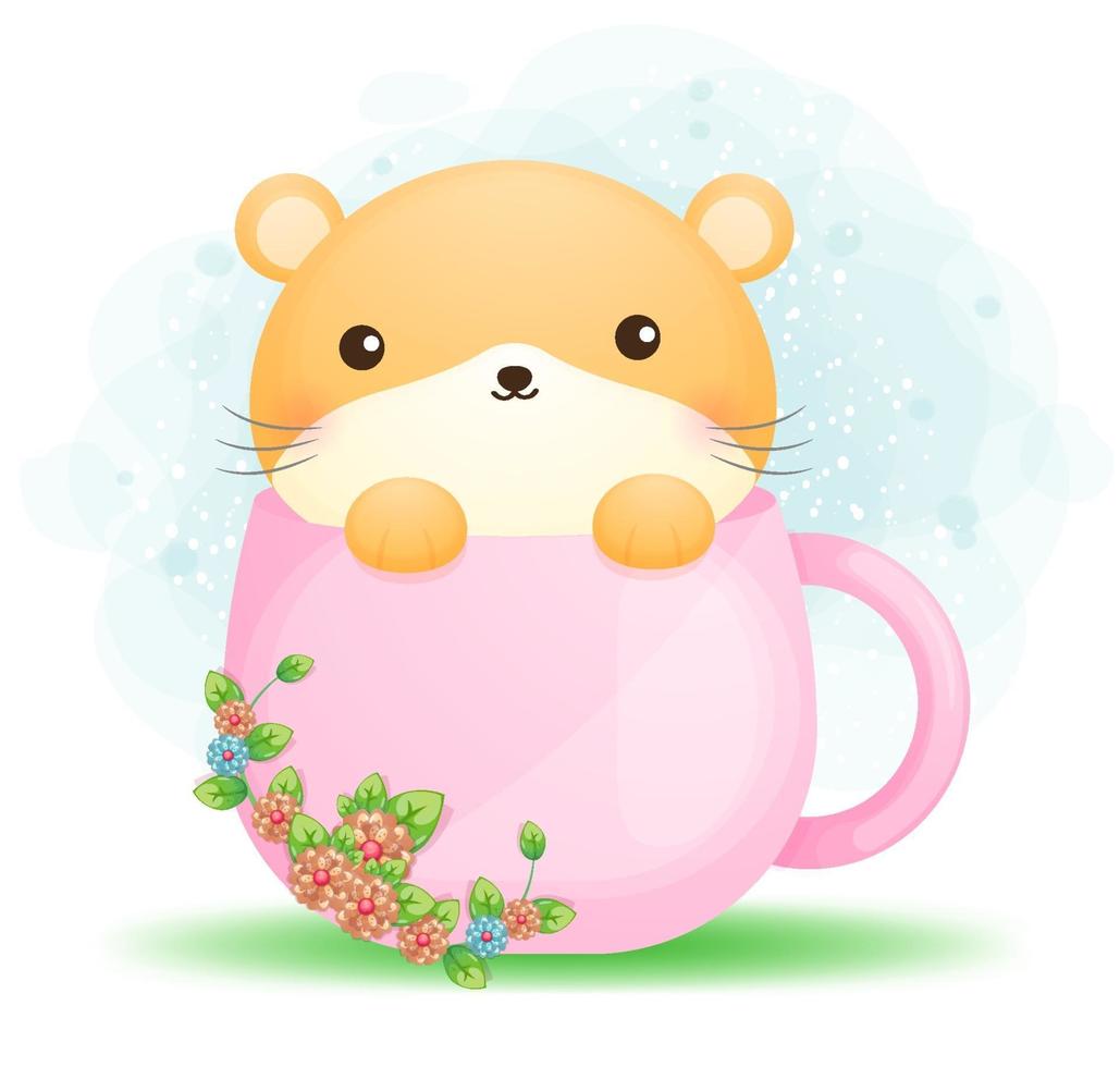 Cute doodle hamster in a cup cartoon character Premium Vector