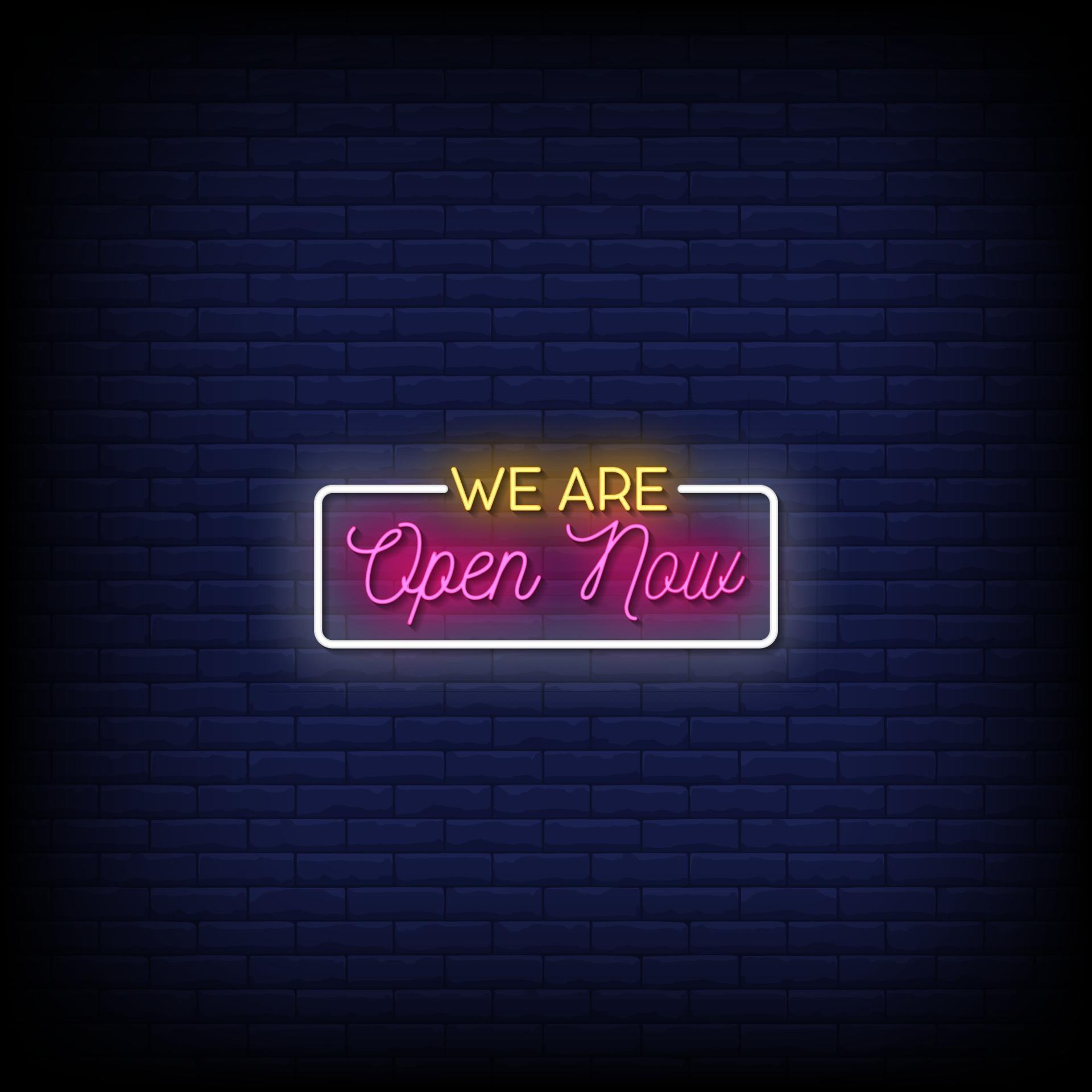 We are Open Now Neon Signs Style Text Vector 2187573 Vector Art at Vecteezy