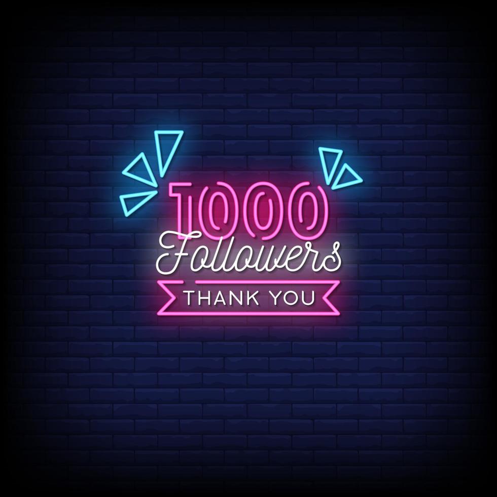 gracias 1000 seguidores letreros de neón estilo vector de texto