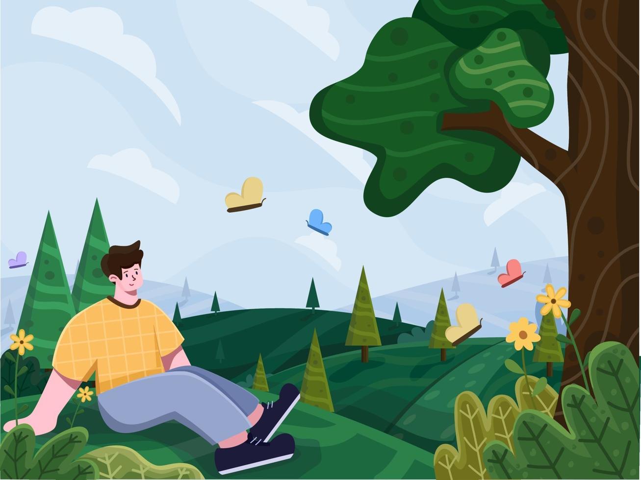 Spring hill landscape illustration with floral, grass, butterfly, and people relax enjoying spring season. Nature landscape spring background, village, people picnic on vacation. Suitable for Postcard, Greeting card, banner, poster, flyer. vector