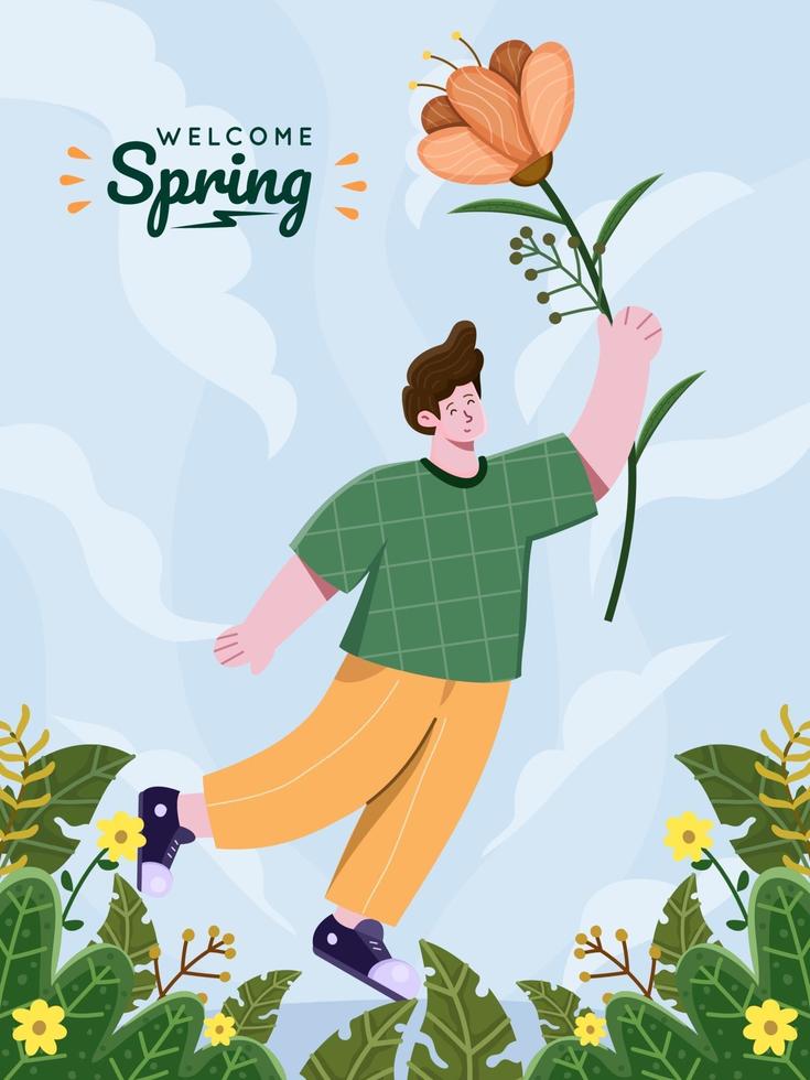 Spring beautiful flowers illustration. Flying with flower at spring seasons illustration concept. Hello spring. Welcome Spring. Cute spring cartoon with flowers. Can be used for Greeting card, postcard, banner, poster, print, etc vector