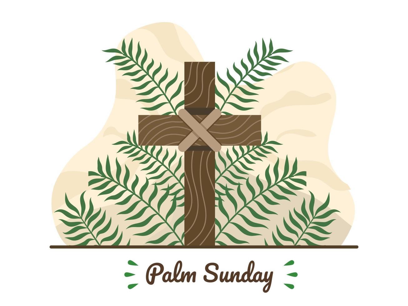 Happy Palm Sunday with Christian cross and palm leaves. Christian Palm Sunday religious holiday with palm branches and wood cross. Suitable for greeting card, invitation, banner, flyer, poster. vector