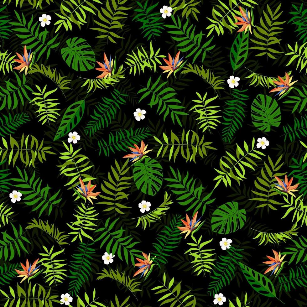 hojas verdes transparentes y flores exóticas. fondo tropical. impresión para web, tela y papel de regalo. vector