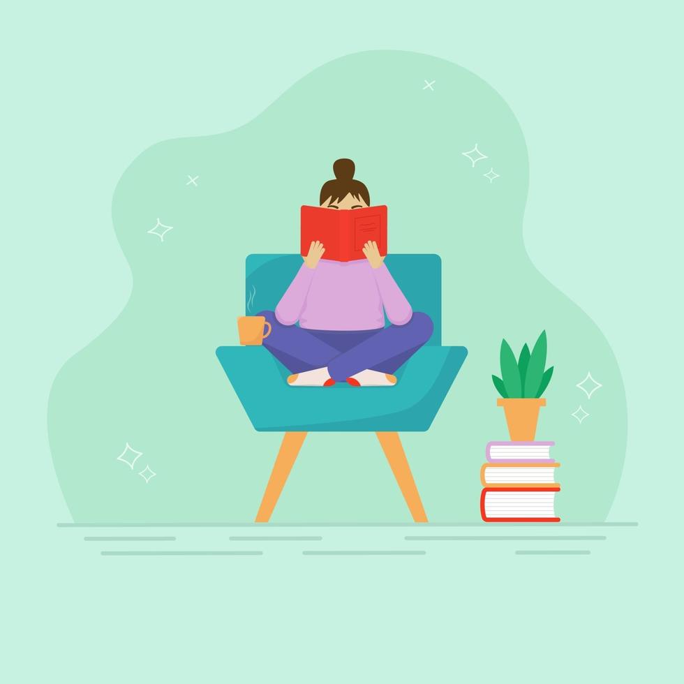The girl is reading a book in a chair. Abstract background with a stack of books and a flower in a pot.Flat cartoon style vector illustration.