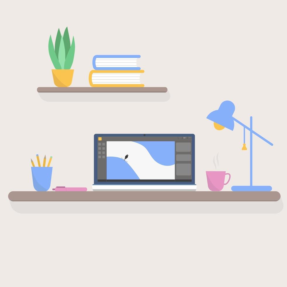 Flat illustration of a desktop with a computer and a shelf with books. vector