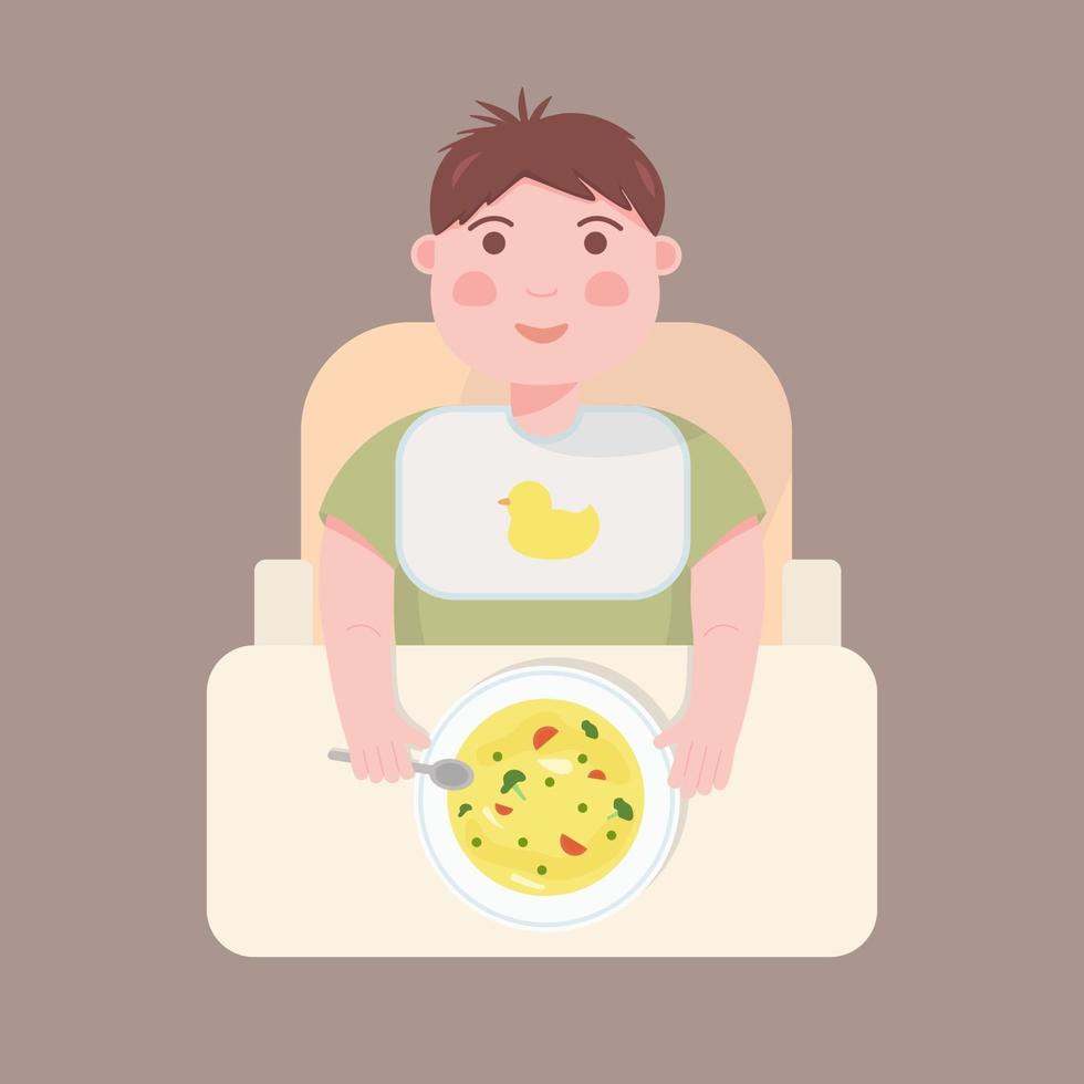 child eating soup in a chair. Flat style vector illustration.