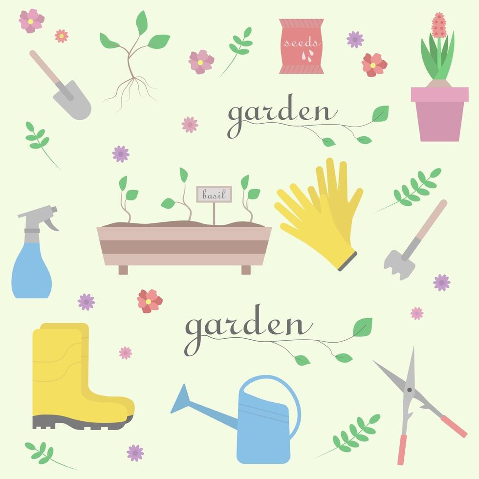 colección de elementos de jardinería. patrón sin fisuras de verdes, flores, maceta, botas de goma, regadera, pala, semillas. vector