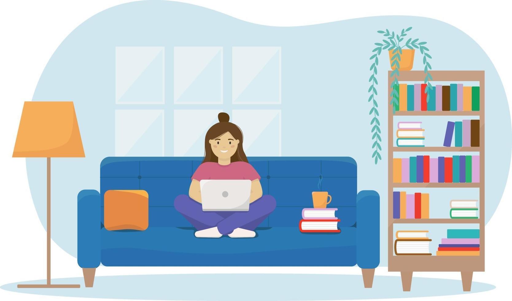 mujer trabajando o estudiando desde casa. concepto de oficina en casa con sofá, estantería, lámpara, libros. vector