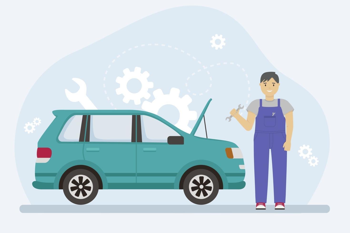 Man in overalls repairs a car with a wrench.Vector illustration of a mechanic. vector