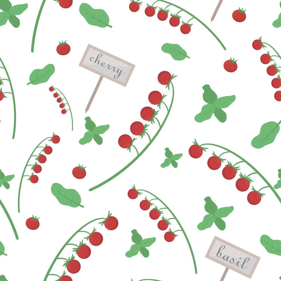 Background with tomatoes and cherry tomatoes, basil for design use in food packaging. Cherry seamless pattern. Vector illustration.