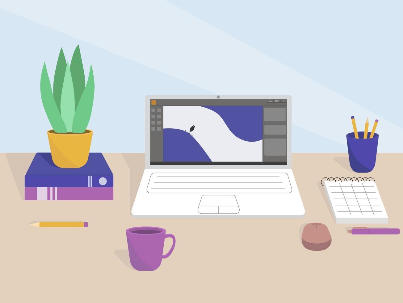 Flat illustration of a desktop in the office or a freelancer from home. Work interior design elements. vector