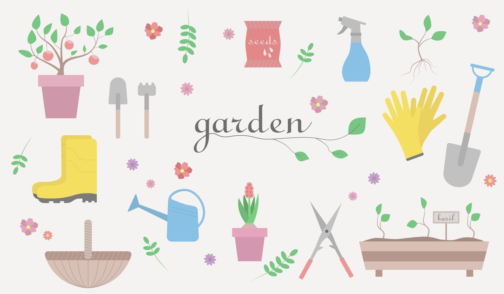 conjunto de herramientas de jardinería. ilustración vectorial de elementos de jardín. vector