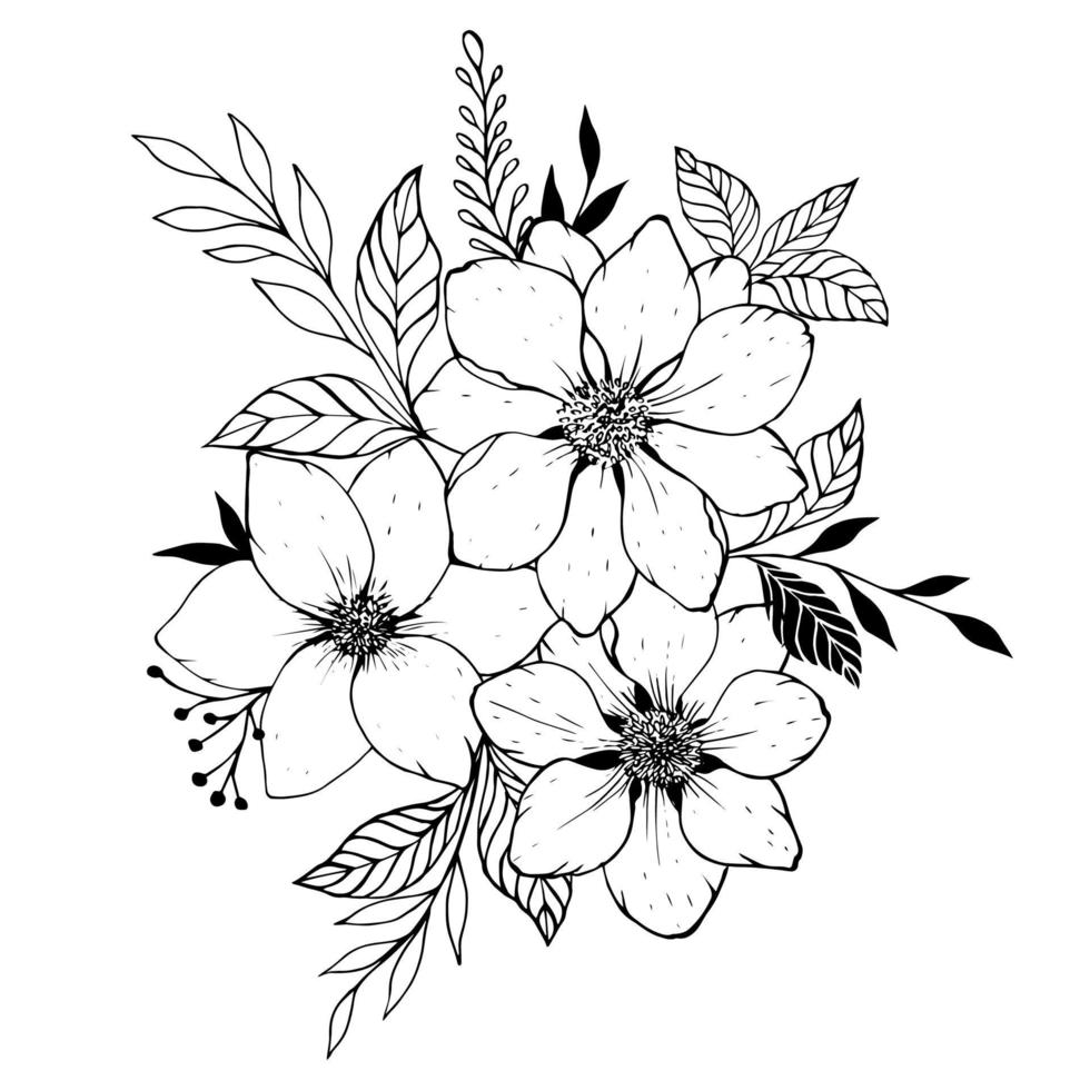 bosquejo de flores y hojas. ramo de flores y plantas primaverales dibujadas a mano. Ilustración de vector monocromo en estilo boceto.