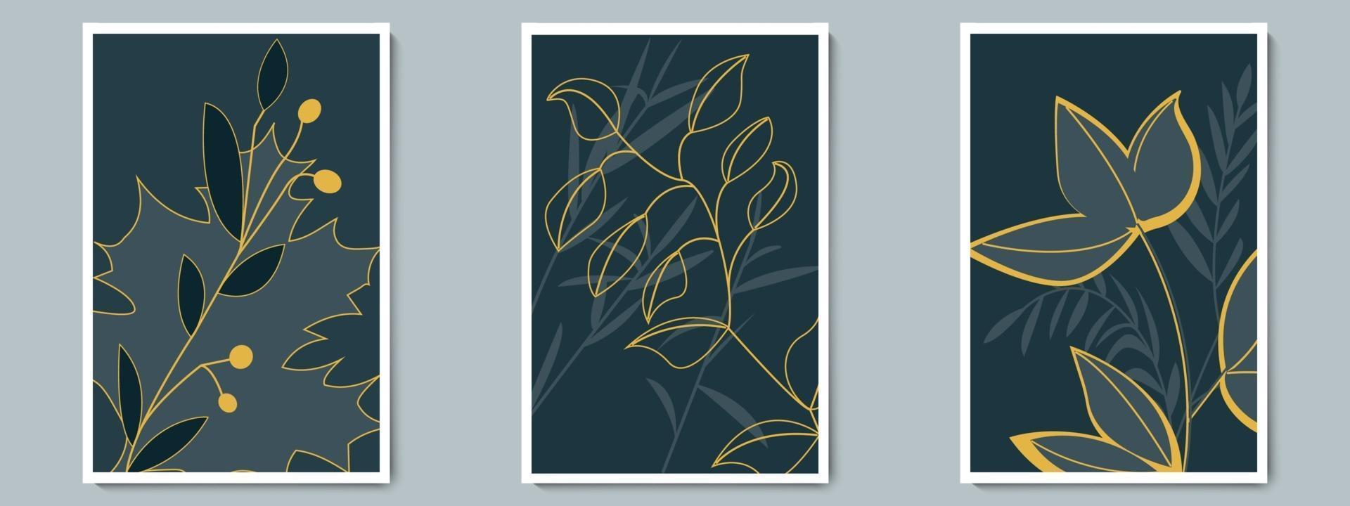 Botanical Dark Wall Art Vector Poster Set. Minimalist Golden Shadow Foliage with Night Background.