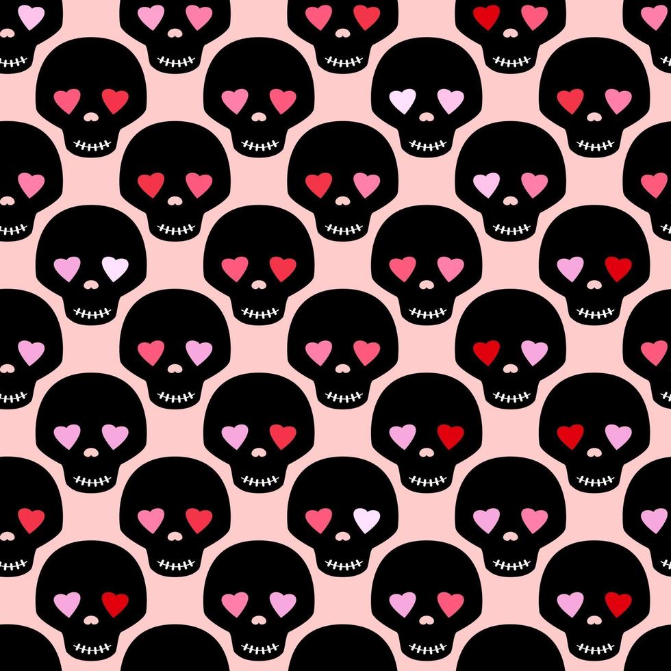 Black skull with eyes like a hearts. Funny romantic seamless pattern. Pattern for fabric or wrapping paper design. vector