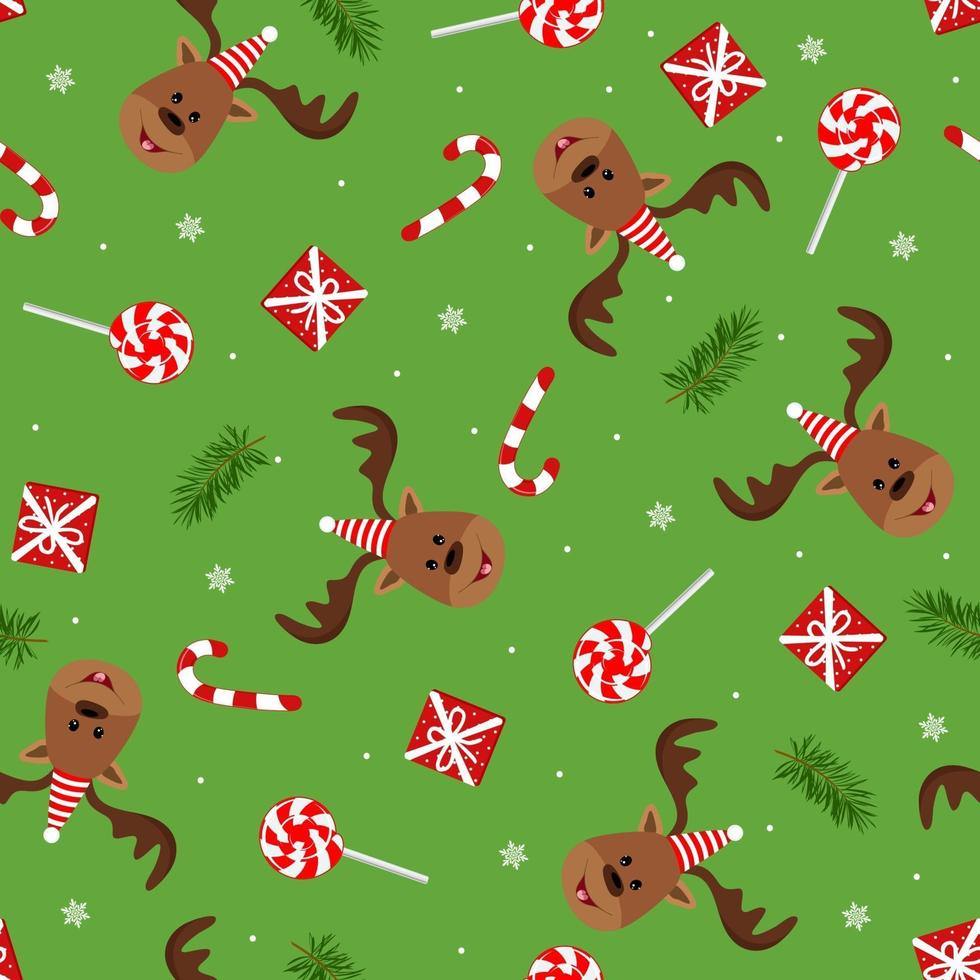 Funny deer with hat. Seamless winter pattern with candy, gift, pine and snowflakes. vector