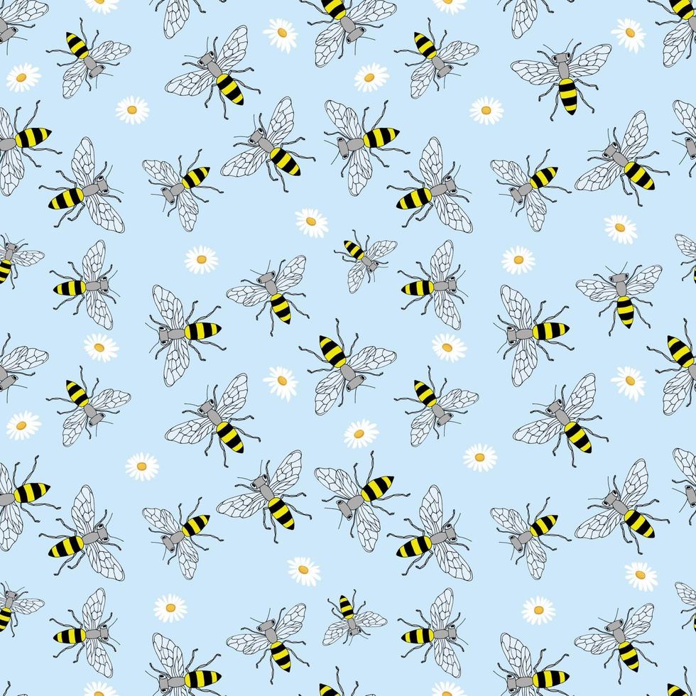 Sketch bee seamless pattern. Funny background with insects. Hand drawn design for wrapping, textile or honey package. vector