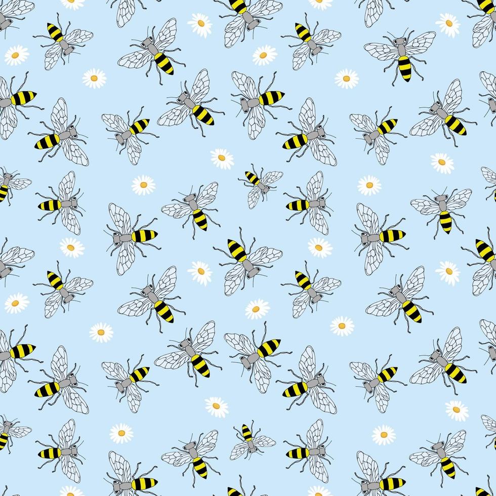 bosquejo abeja de patrones sin fisuras. fondo divertido con insectos. diseño dibujado a mano para envolver, textil o paquete de miel. vector