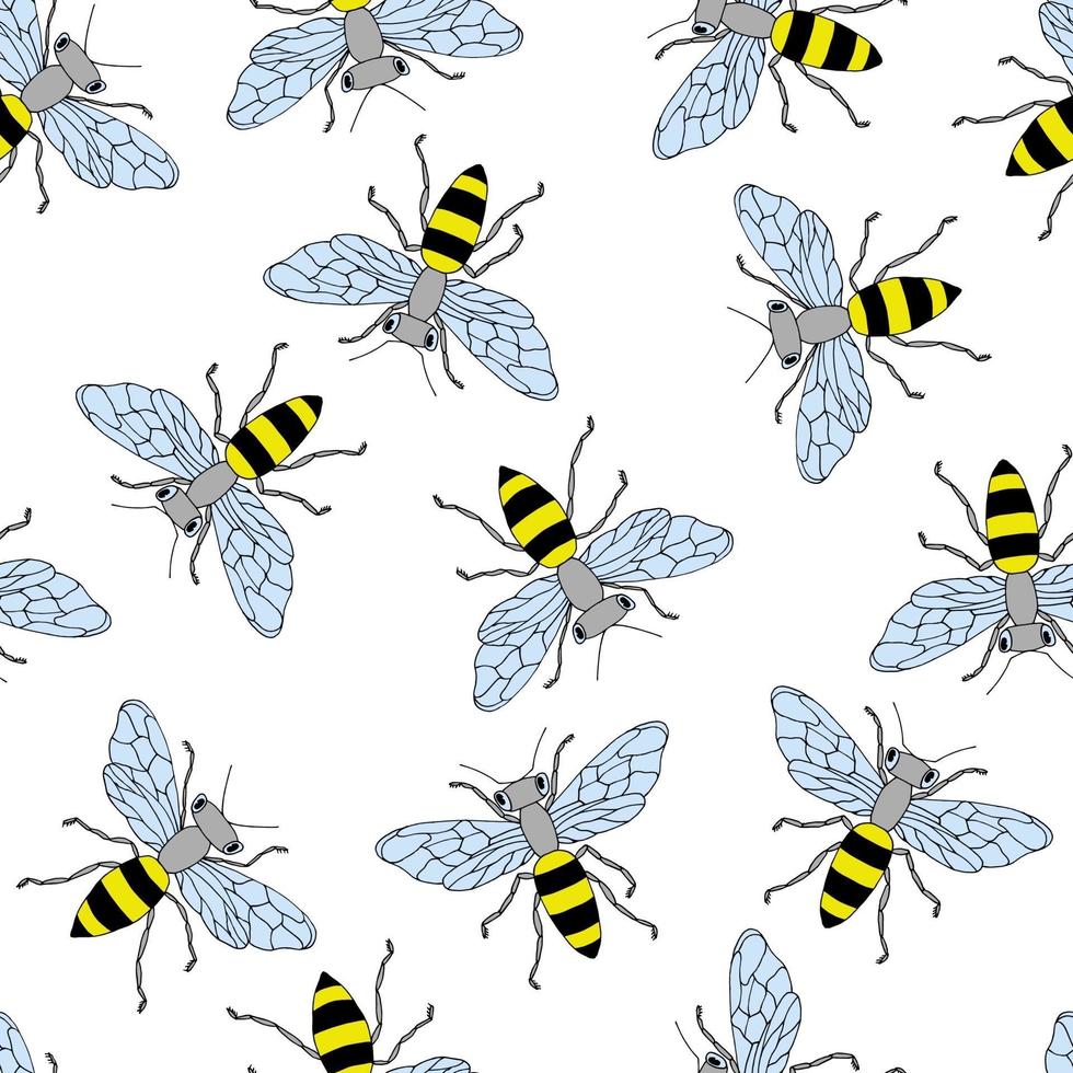 bosquejo abeja de patrones sin fisuras. fondo divertido con insectos. diseño dibujado a mano para envolver, textil o paquete de miel. vector