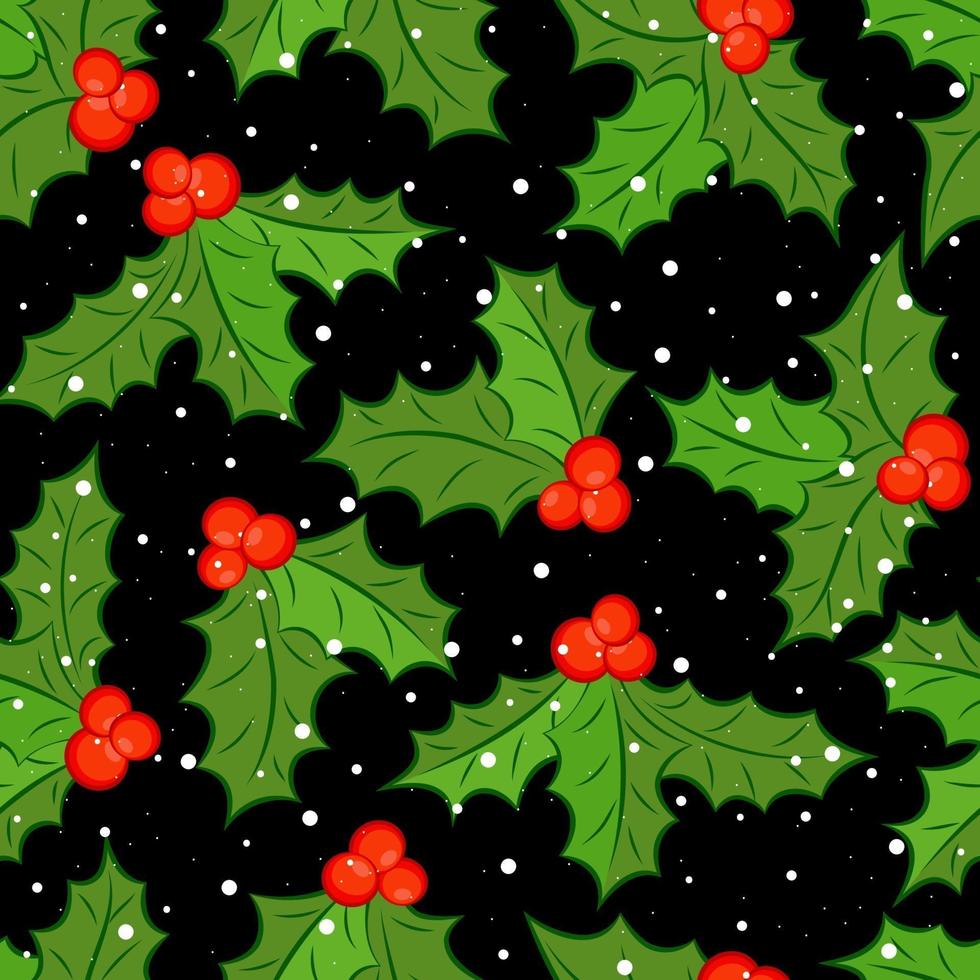 Seamless pattern on black background. Holly with red berries. Vector illustration.