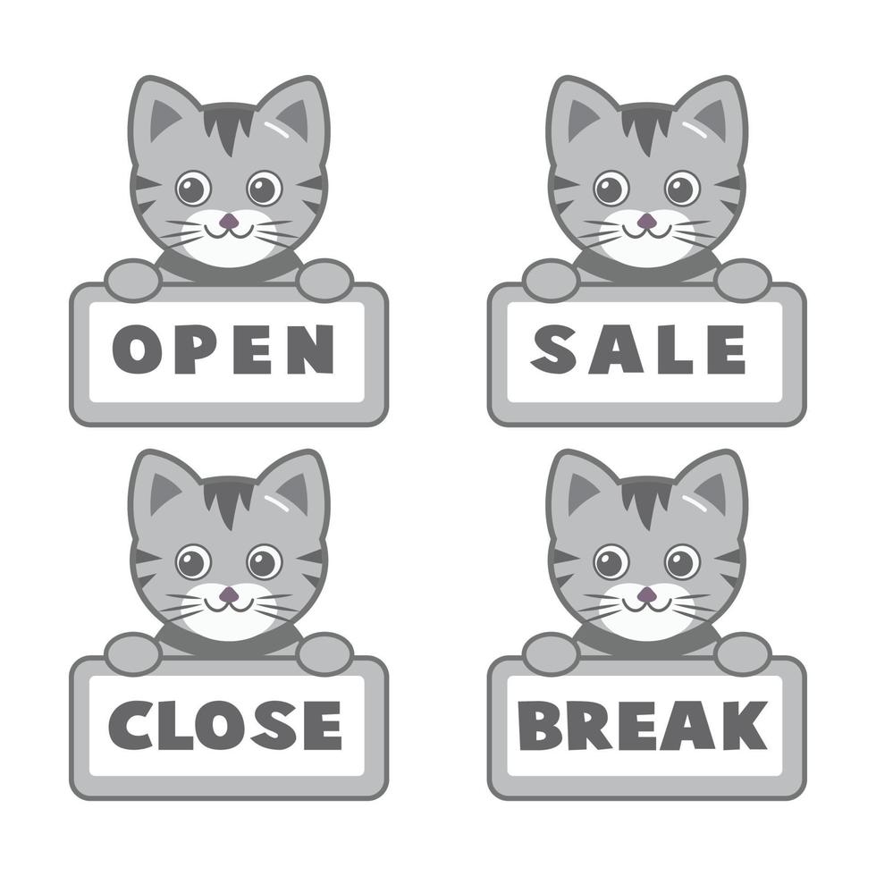 Open and closed board signs, baby cat. Vector icons illustration.