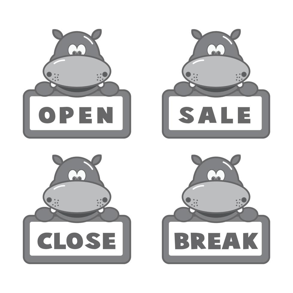 Open and closed board signs, hippo. Vector icons illustration.