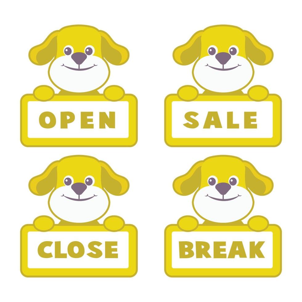 Open and closed board signs, dog. Vector icons illustration.