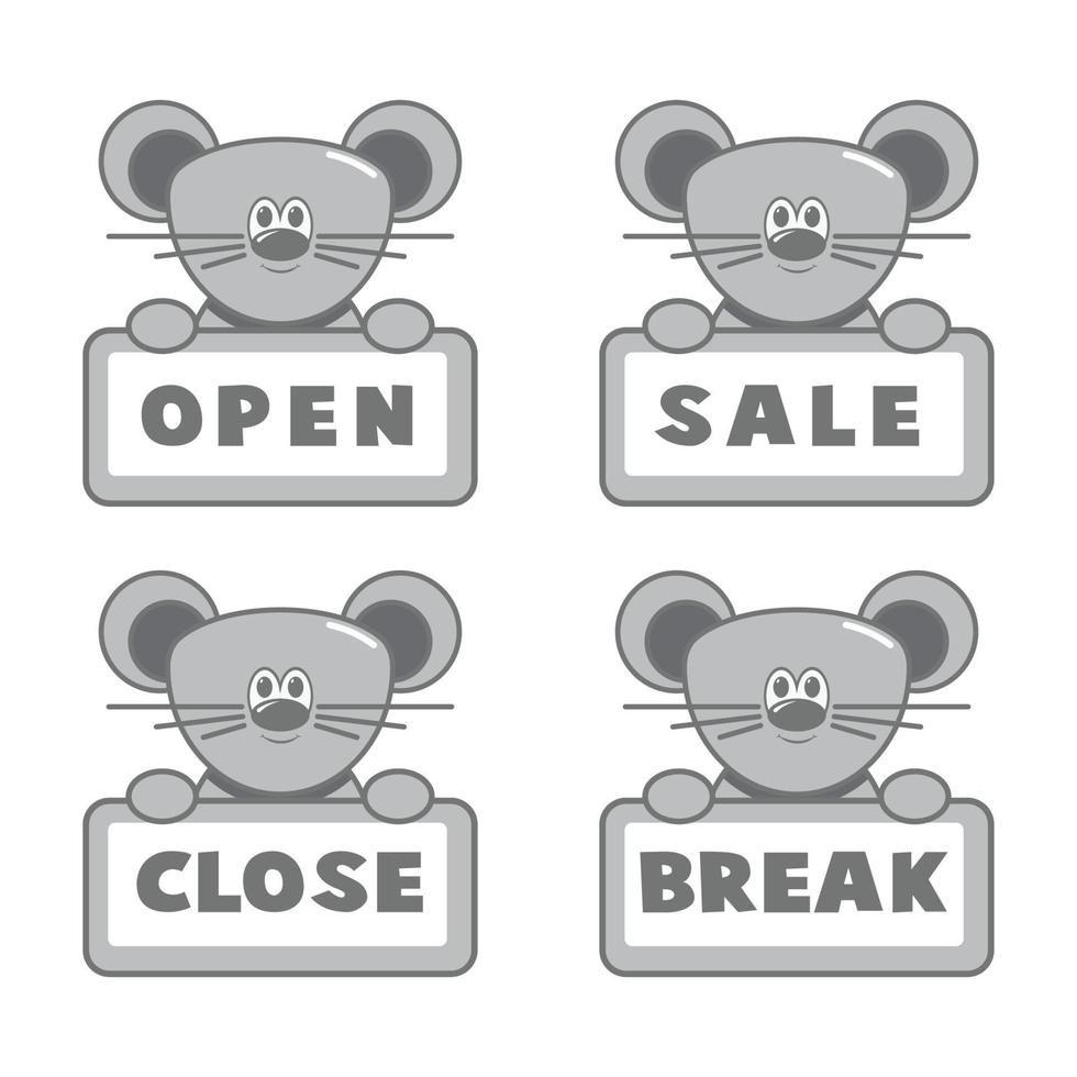 Open and closed board signs, mouse. Vector icons illustration.