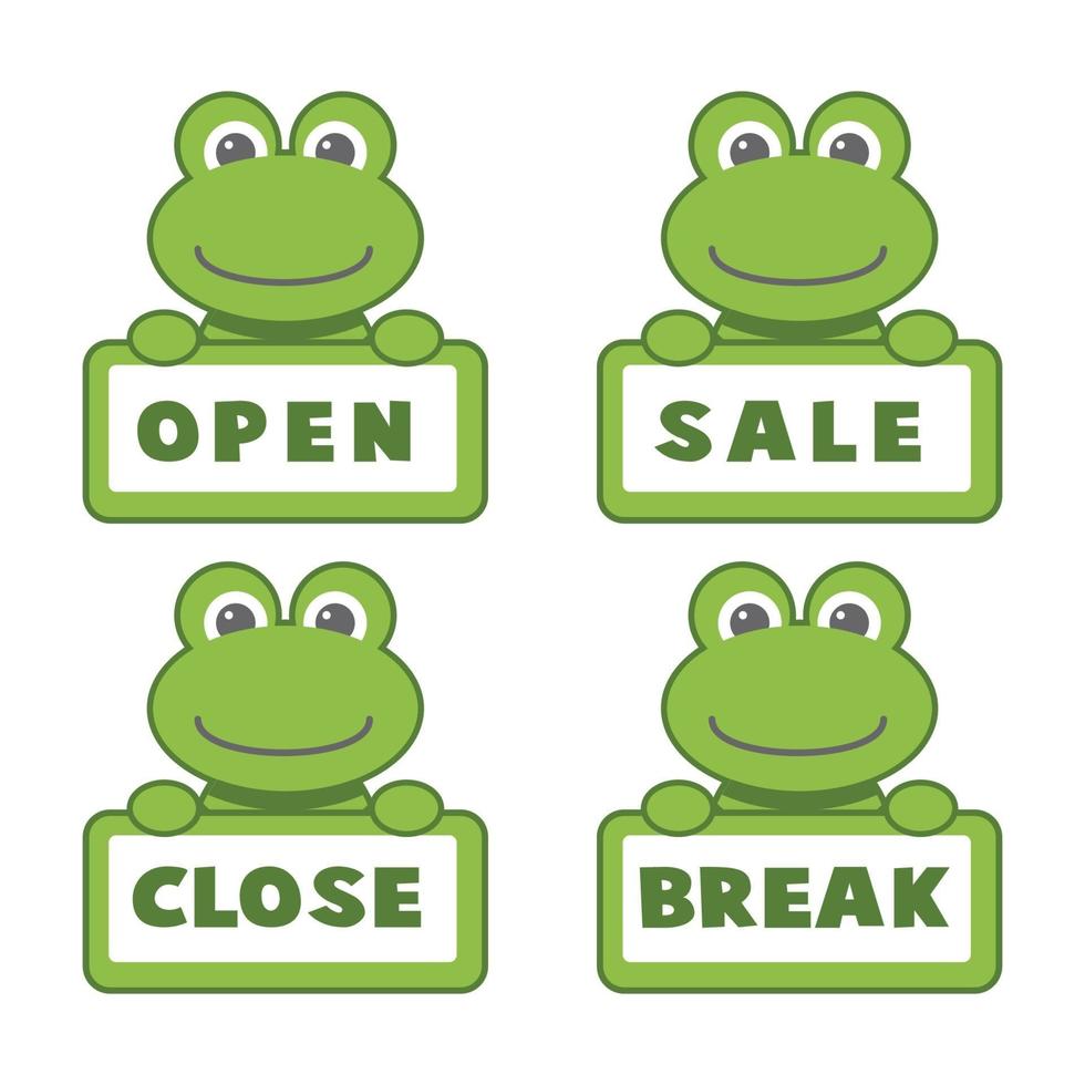 Open and closed board signs, frog. Vector icons illustration.