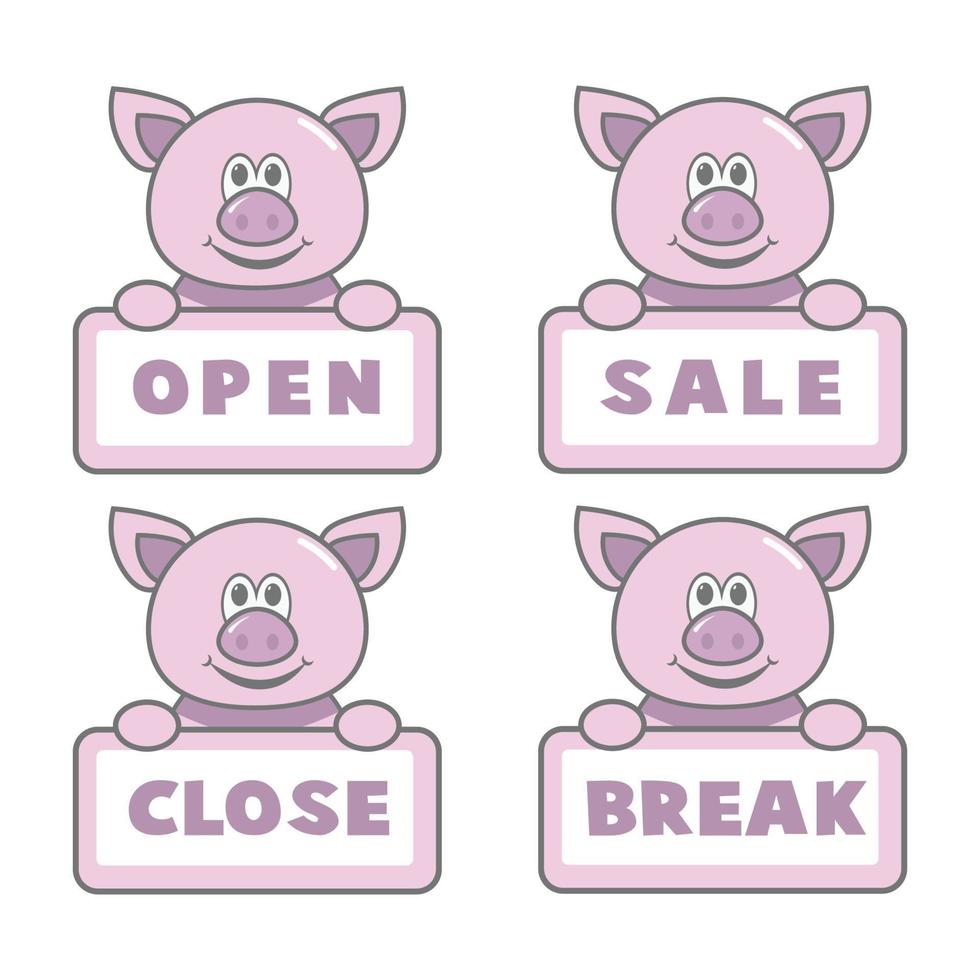 Open and closed board signs, cute pig. Vector icons illustration.