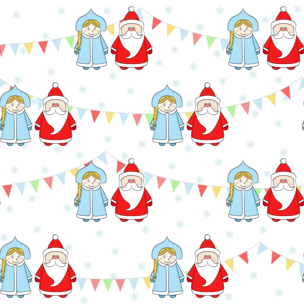 Russian Santa Claus and Snow Maiden on abackground with with flags and snowflakes. Funny New Year seamless pattern. vector