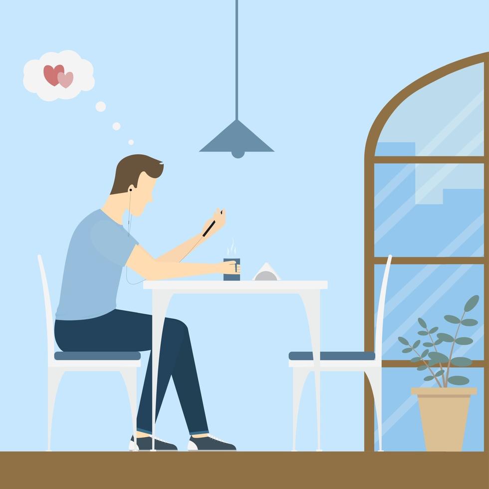 un hombre en el café tiene una cita virtual en línea. Ilustración del concepto. ilustración plana. vector
