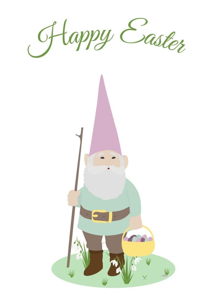 Happy easter greeting card with ester gnome and colored eggs. Vector illustration in a flat style.