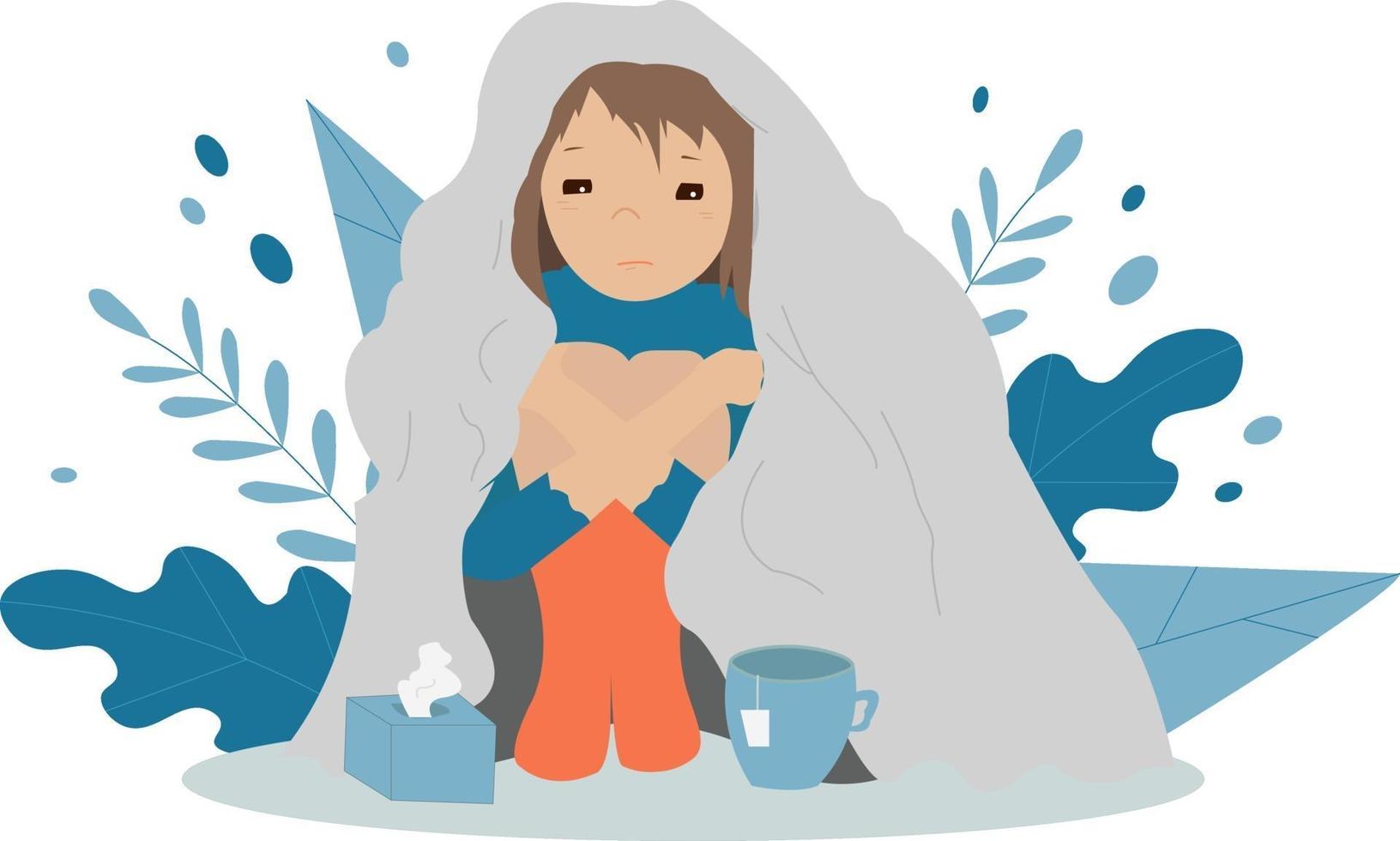 A girl is sitting under the blanket with a cup of tea and a box of tissues. Concept vector illustration in a flat style.