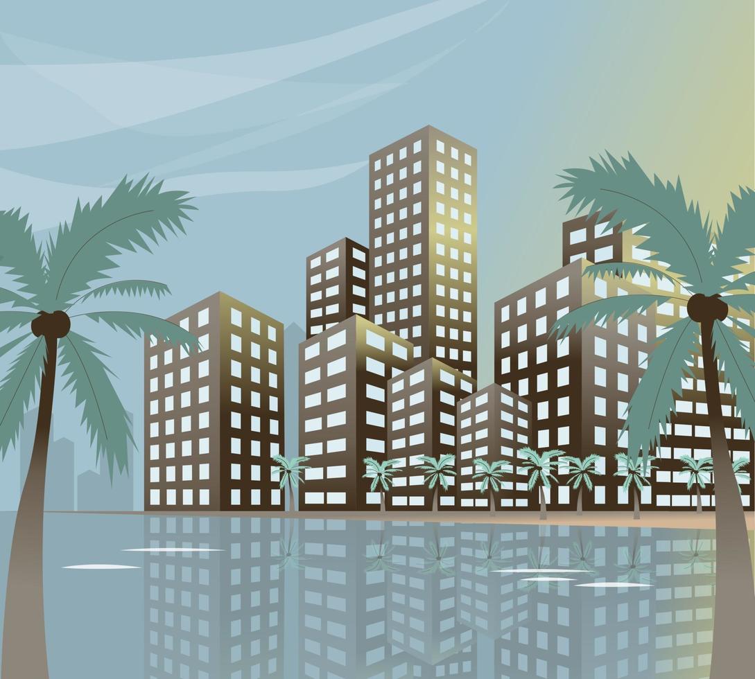 Summer beach concept downtown city with skyscrapers and palm trees. Vector illustration.