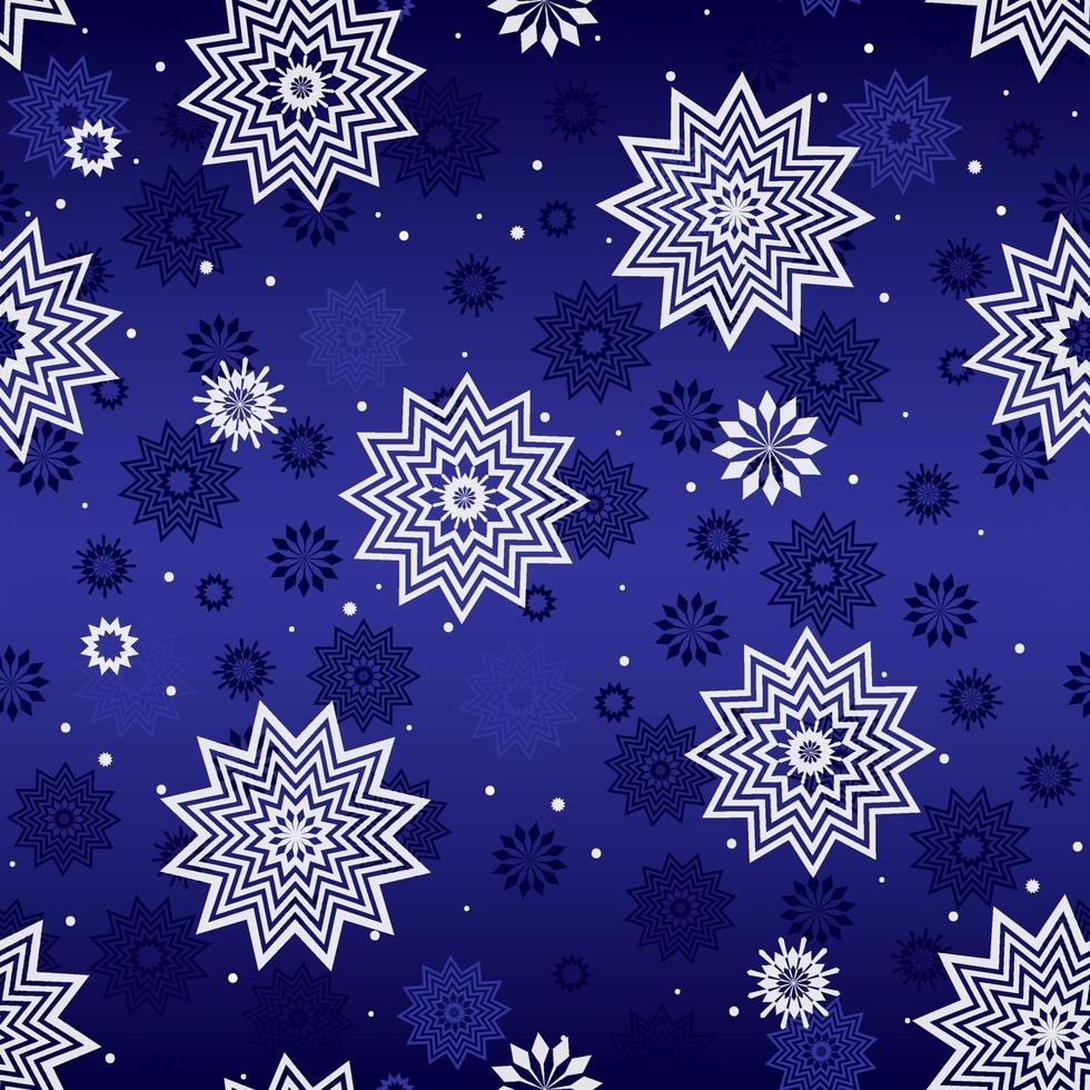 Seamless winter pattern with white snowflakes on blue background. vector
