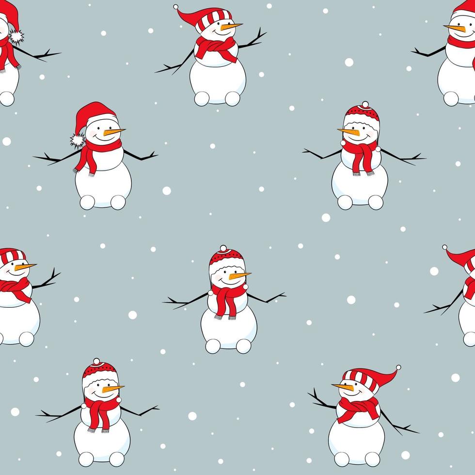 patrón sin fisuras con muñecos de nieve con sombrero rojo. fondo de navidad. vector