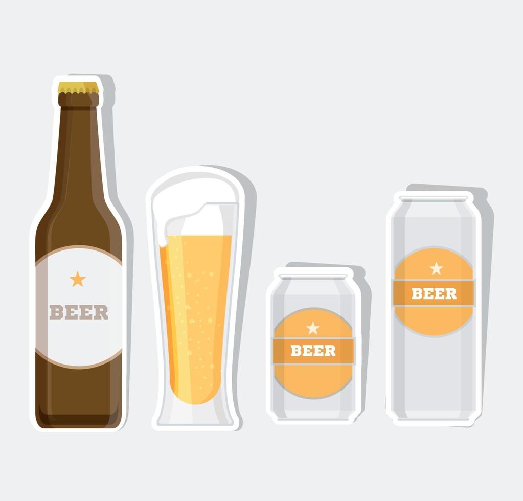 juego de botella de cerveza, tazas y vasos. conjunto de iconos planos vectoriales. vector