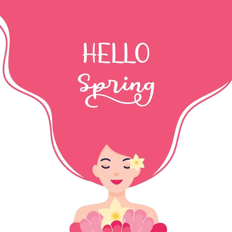 hola concepto de primavera, linda chica sosteniendo flores ilustración vector