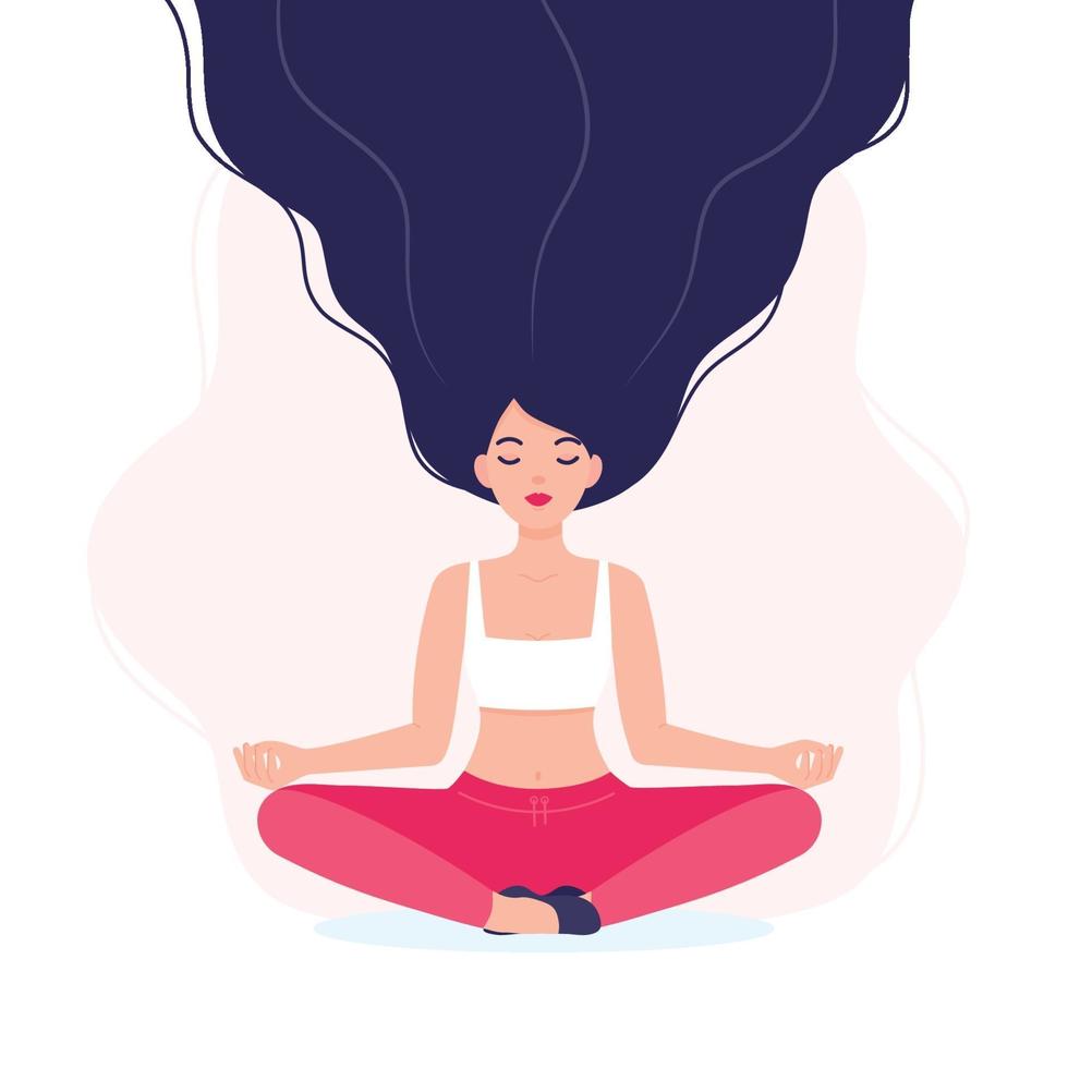 mujer joven meditando, haciendo yoga ilustración vectorial plana. vector